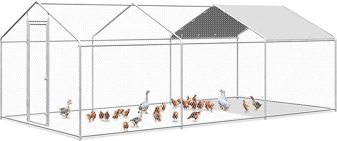 Large Metal Chicken Coop, Walk-in Chicken Run Pen with Waterproof Cover, Spire Roof Poultry Cage for Outdoor, Backyard, Farm