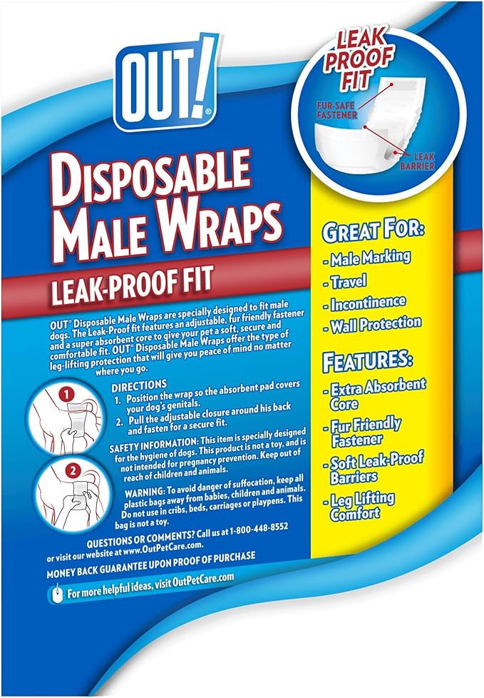 OUT! Pet Care Disposable Male Dog Diapers | Absorbent Male Wraps with Leak Proof Fit | XS/Small, 12 Count (Pack of 4)