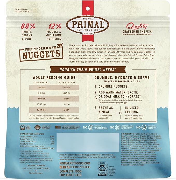 Primal Freeze Dried Raw Cat Food Nuggets Rabbit, Complete & Balanced Meal or Topper, Premium, Healthy, Grain Free, High Protein Raw Cat Food with Probiotics (14 oz)