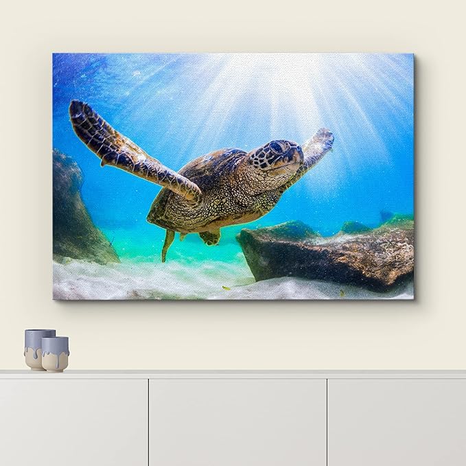wall26 Canvas Print Wall Art Sunlight Ray Tropical Turtle Swimming Ocean Nature Animals Photography Realism Rustic Scenic Landscape Wilderness Colorful for Living Room, Bedroom, Office - 12"x18"