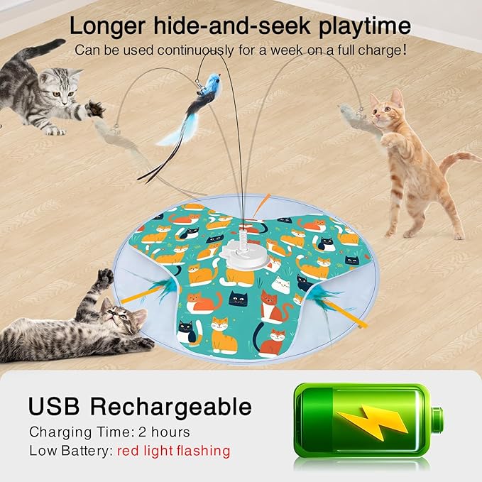 Interactive Cat Toys, 2025 Upgraded Automatic Cat Toy for Indoor Cat, Kitten Toys for Bored Indoor Adult Cats, Hide and Seek Cat Toy with Moving Feather, USB Rechargeable