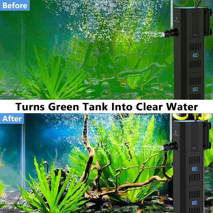 Aquarium Filter for 40-170 Gallon Tank,265GPH Fish Tank Filter 16W Green Clean Machine Submersible Pump Filter for Green Water and Algae Clean,Submersible Internal Filter for Saltwater Freshwater