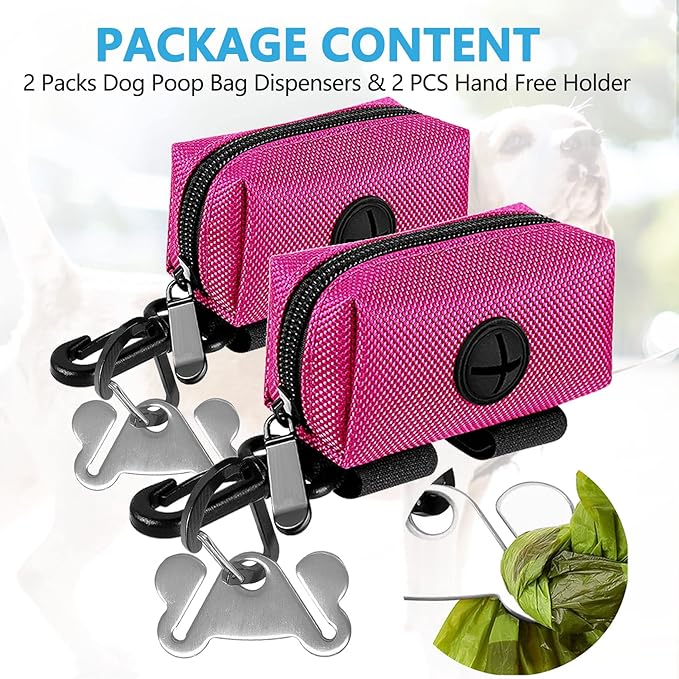 Dog Waste Bag Dispenser Pet Poop Bags Holder for Doggie Waste Bags Dispensers Soft Fabric Zipper Small Doggy Puppy Pouch for Leash Accessory Attachment with Carrier,2PC Pink
