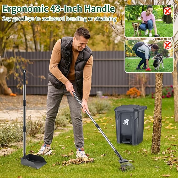 Dog Pooper Scooper, Dog Poop Trash Can Set with Removable Inner Bucket, Long Handle Rake, 150 Waste Bags, Easy Pick Up Poop Scooper, 20L Dog Poop Trash Bin for Small/Large Dog Families