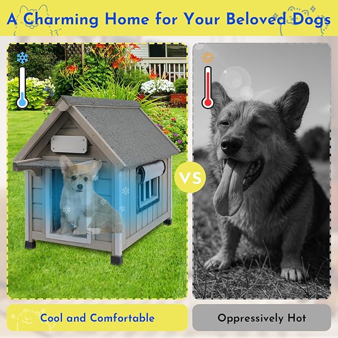 Outdoor Dog House Weatherproof Large Wooden Dog Kennel Indoor for Small Dogs with Chew-Proof Frame, Oxford Fabric Window, Removable Floor Pet Shelter (Grey, 18.1" D x 25.2" W x 24" H)