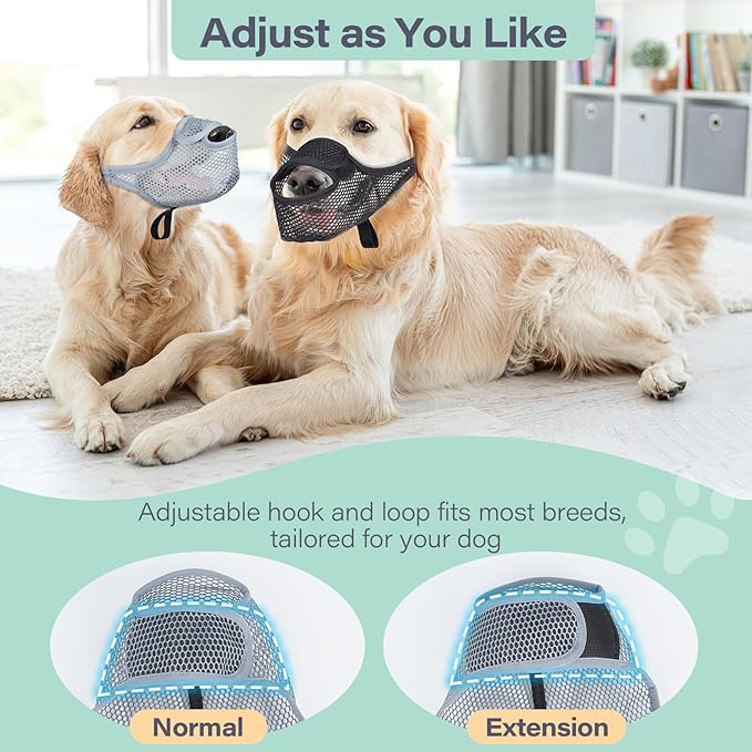 LUCKYPAW Dog Muzzle for Large Medium Small Dogs, Patented Mesh Muzzle to Prevent Biting Chewing Eating, Soft Mouth Guard with Front Opening Design for Drinking Panting(Grey, M)