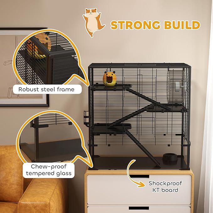 PawHut Large Hamster Cage with Deep Tempered Glass Bottom, 4 Tiers Hamster Tank with Running Wheel, Hut, Water Bottle, Dish, Rat Cage for Syrian, Dwarf, Gerbils, Mouse, 31" x 19" x 31.5", Black
