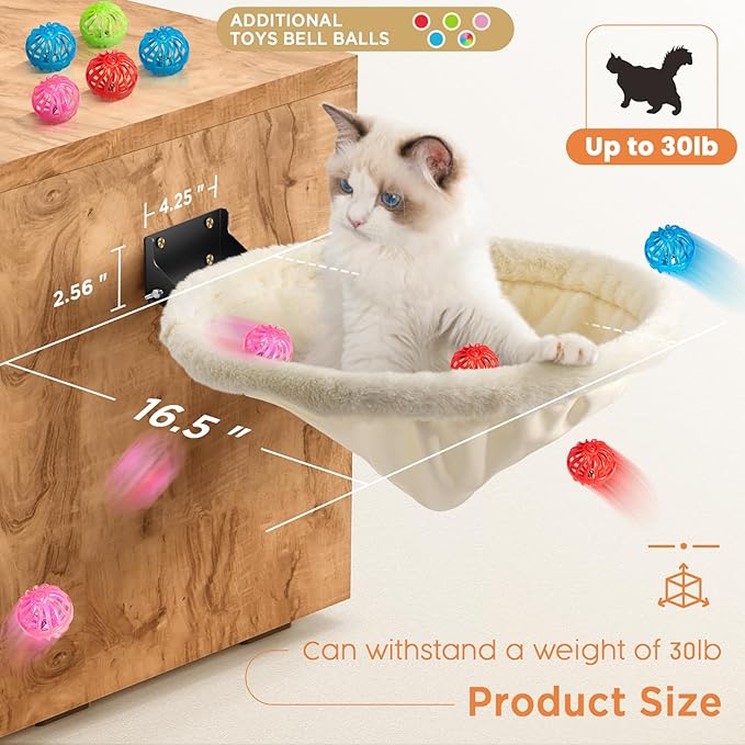Cat Hammock Wall Mounted, Foldable & Stable Cat Beds- Breathable Cats Wall Shelves for Sleeping, Playing, Climbing, and Lounging - Maximum Hold Up to 30lb(Cream,Faux Rabbit Fur)