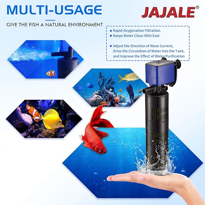 Water Pump 475 GPH 3-in-1 Submersible Internal Filter Aquarium Powerhead Water Pump Ultra Quiet for Aquarium,Fish Tank-2 Pack