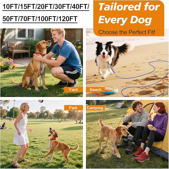 Tresbro 15 FT Dog Tie Out Cable with Spring, Shock Absorbing Tether Chains for Outside Aavilable in 10/15/20/25/30/40/50/70/100/120 FT, Heavy Duty Leads for Yard for Medium & Large Dogs Up to 500 LBS