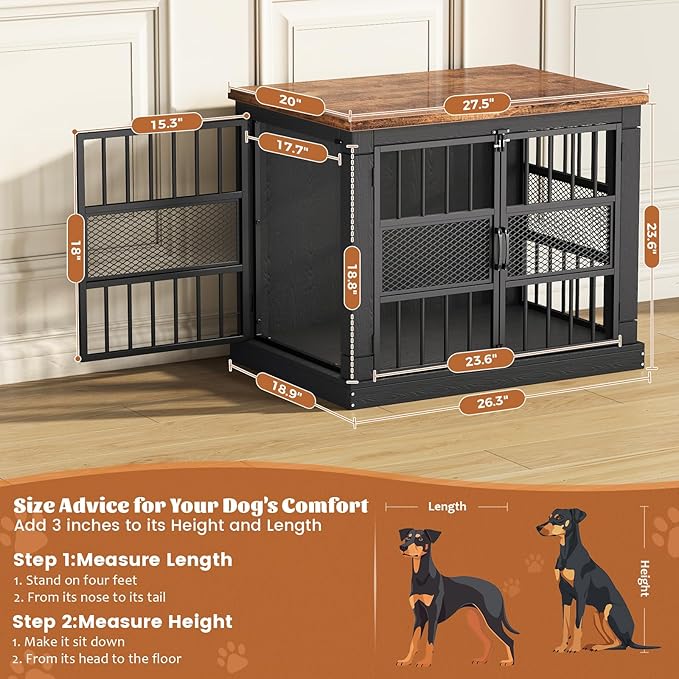 VOPEAK 27.5" Dog Crate Furniture, Chew Resistant Dog Crate for Small Dogs Puppy, Heavy Duty Dog Crates Dog Kennel Cage Indoor with Double Doors, Wooden End Table for Bedroom Living Room, Black
