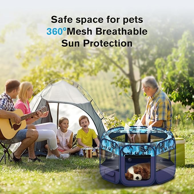 Dog Playpen, Pet Playpen, Portable Cat Playpen, Foldable Puppy Playpen Exercise Kennel Tent with Carry Case Collapsible Bowl,Water-Resistant Shade Cover for Indoor Outdoor Travel (Bule,Medium)