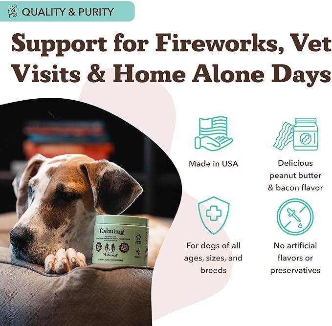 Natural Dog Company Calming Chews for Dogs, Stress & Anxiety Relief Supplement with Chamomile, Valerian Root & Melatonin, Natural Soothing Chews for Travel, Thunder, Fireworks & Separation (90 cnt)