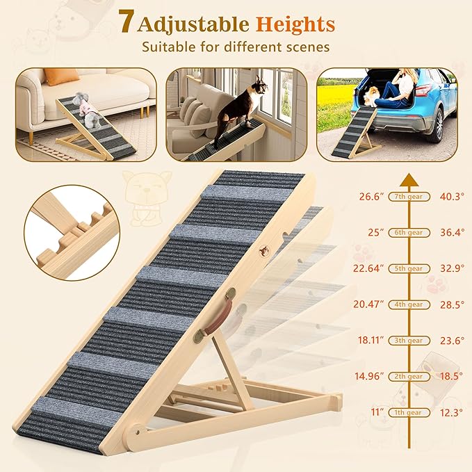 ๐ฎ๐ฌ๐ฎ๐ฑ ๐๐ฉ๐ ๐ซ๐๐๐๐ Dog Ramp, Portable Pet Ramp for Large Small Old Dogs Cats with 7 Adjustable Heights 11" to 26.6", Non-Slip High Traction Ramp for High Bed, Couch, Hold up to 200 LBS