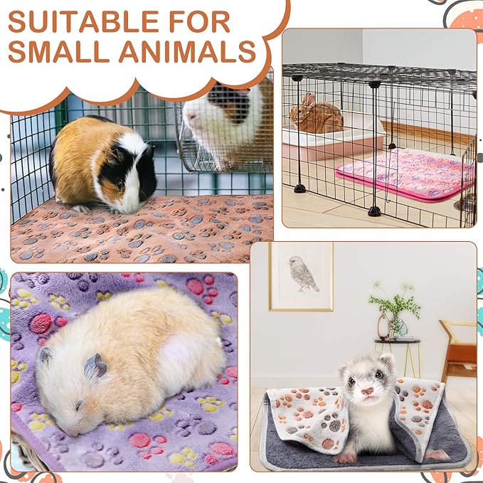 Reginary 4 Pcs Waterproof Guinea Pig Blankets Washable Small Animal Fleece Bedding Absorbent Guinea Pig Cage Liners Reusable Pet Pee Pad Sleep Mat for Hamster Ferret(Paw Print,12 x 12 Inch)