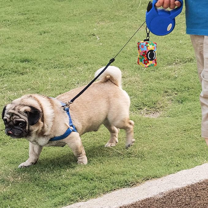 Petmolico Dog Poop Bag Holder Leash Attachment, Pet Waste Bag Dispenser Zippered Pouch, Fits Any Leash, Includes Free Roll of Dog Bags, Poop Bag Dispenser - 2 Pack, Colorful Flowers