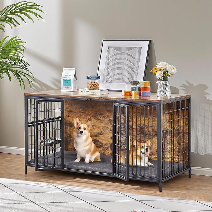 VECELO Dog Crate Furniture for Medium/Large Dogs, Wooden Dog Cage with Cushion, Double Door, Dog Kennel End Table, Brown