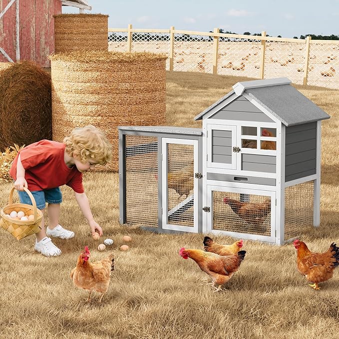 Rabbit Hutch 2-Tier, Small Wooden Chicken Coop for Outdoor Use - Weatherproof Small Animal Hutch with Non-Slip Ramp, 4 Access Doors & Removable Tray for Rabbits, Guinea Pigs, Ferrets (Indoor/Outdoor)