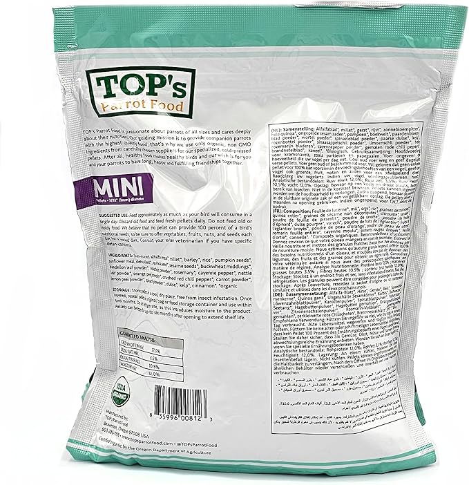 TOP's Parrot Food Mini Pellets Bird Food for Budgies, Cockatiels, Parrotlets, Lovebirds, Parakeets - Non-GMO, Peanut Soy & Corn Free, USDA Organic Certified - 1 lb