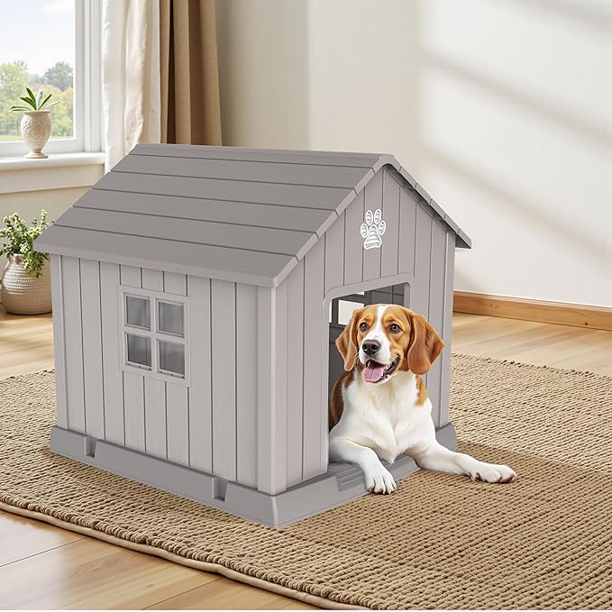 Vixzen 32in Large Outdoor Dog House,Durable Water Resistant Resin Dog House,Doghouse for Small to Large Dogs Indoor or Outside,with Air Vent and Elevated Floor,Gray