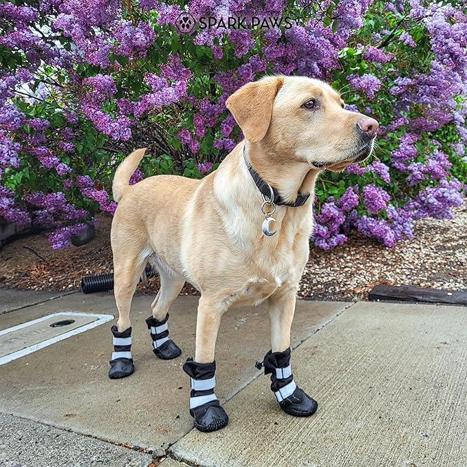 Spark Paws Dog Shoes, Waterproof Dog Boots for Medium to Large Dogs, Non Slip, Breathable Dog Booties and Paw Protectors - 4PCS Doggie Hiking Boots with Reflective Straps - Black - Size 4