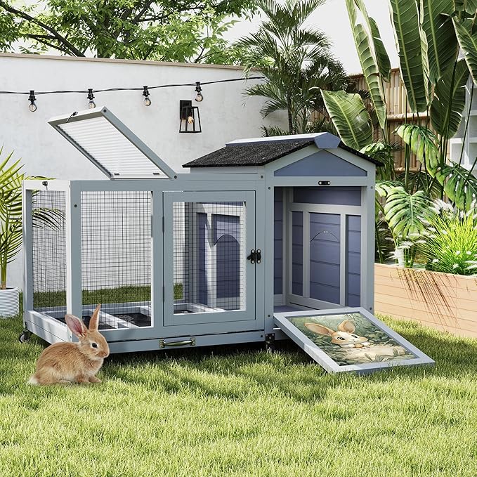 COZIWOW 38.5inches Durable Wooden Rabbit Cage Indoor,Wide Space Small Animal House with Removable Tray&Safety Lock,Rubbit Hutch with Waterproof Roof&Solar Panels (Grey with Pattern)