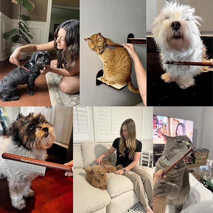 GranNaturals Wooden & Metal Pet Comb for Detangling Hair, Grooming Fur, Dematting for Large and Small Dogs, Long & Short Haired Cats