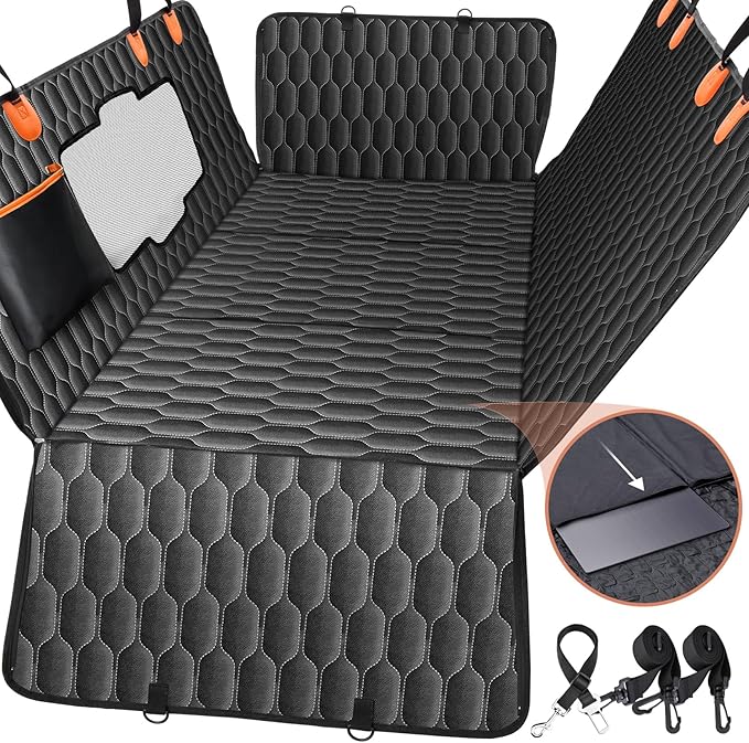 XL Back Seat Extender for Dogs-Supports 400lb,Waterproof Dog Car Seat Cover Hard Bottom-Detachable,600D Heavy Duty Scratch Proof Nonslip Soft,Dog Hammock for Car,SUVs