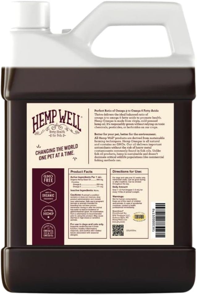 Hemp Well Thrive Oil for Dogs and Cats – Supports Hip, Joint, and Heart Health, Promotes Immune System, and Promotes Healthy Skin from Seasonal Allergies, Organically Sourced - 1 Gallon