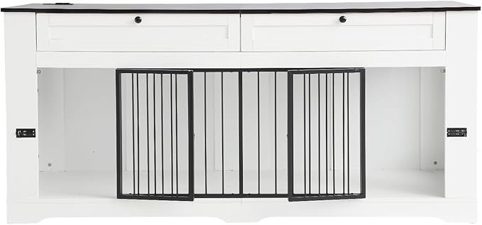 Large Dog Crate Furniture-Decorative Heavy Duty Dog Cage Indoor, Wooden Dog Cage End Table with Charging Station, Dog House with 2 Drawers (White, 70.86''L)