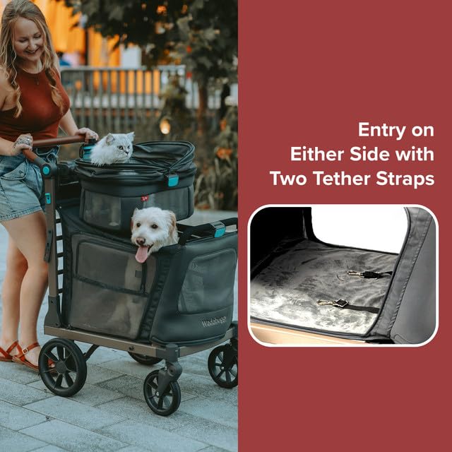 Pet Two Foldable Cart - Adjustable & Portable Pet Stroller with Caddy, Foam Filled Rubber Wheels, Storage - Carriage for Small & Medium Dogs, Cats Under 75 lbs