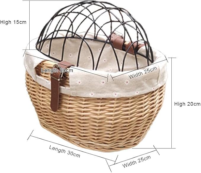 Shiker Bicycle Basket with Wire Mesh Cover, Wicker Bike Basket for Small Dogs Cats, Front Handlebar Bike Basket, Easy to Detachable, 11.81 x 9.84 inch