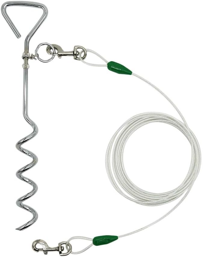 Petest 16 Inch Spiral Stake with 15ft Reflective Tie-Out Cable for Medium Dogs Up to 60 Pounds DarkGreen & Silver