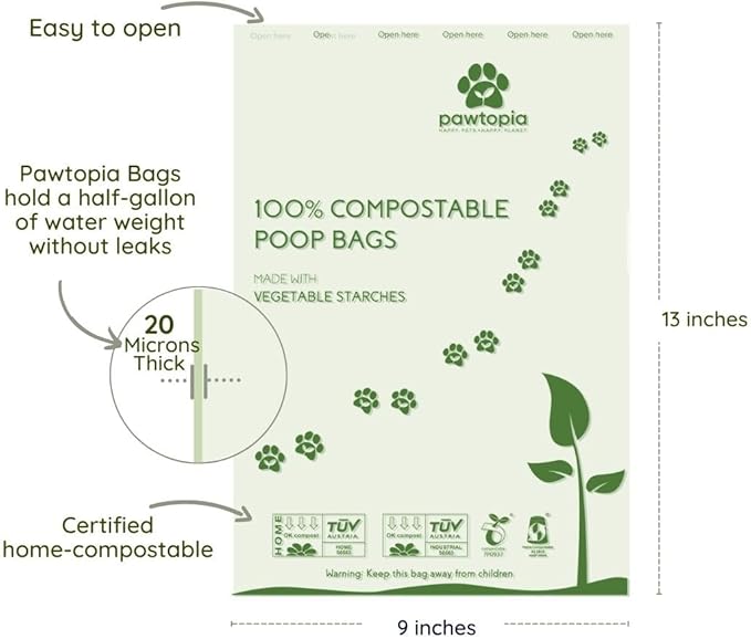 Pawtria Certified Home Compostable Dog Poop Bags (120), Biodegradable Poop Bags for Dogs, Cat Litter, Vegetable Starches, Eco-friendly Dog Waste Bags, Leakproof, Easy to Open, Give Back