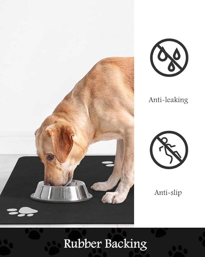 Pet Feeding Mat-Absorbent Dog Mat for Food and Water Bowl-No Stains Quick Dry Water Dispenser Mat-Dog Accessories Pet Supplies-Bowl for Messy Drinkers（Black,12"x19"