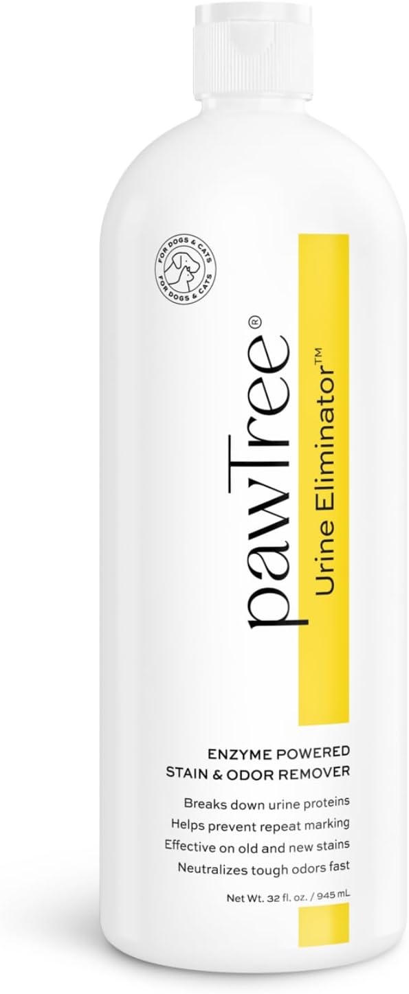pawTree Urine Eliminator™ - Stain & Odor Remover for Cats and Dog. Enzymatic technology permanently removes old and new stains, neutralizes odors, and prevents repeat marking. Ideal for carpets.