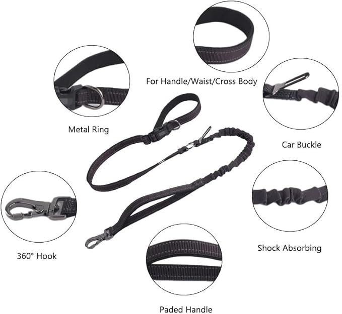 Hands Free Dog Leash for Large Medium Dogs Heavy Duty Bungee Reflective Adjustable Waist Leashes for Walking Running with Car Buckle 4-6FT (Black)