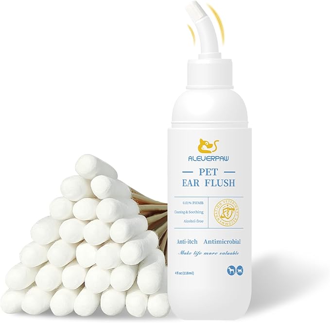 Tris Flush Cat & Dog Ear Cleaner - Dog Ear Infection Treatment with PHMB, Removes Wax, Odo, Gentle & Hypoallergenic, with 20 Cotton Qtips, 4 Fl oz