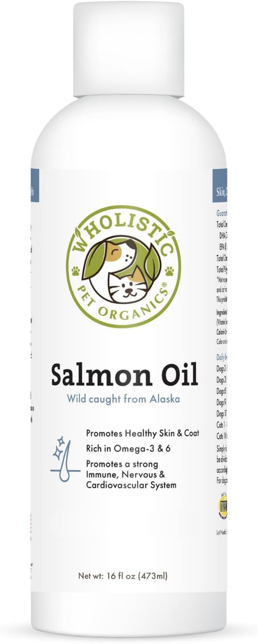 Wholistic Pet Organics Salmon Oil: Deep Sea Wild Alaskan Salmon Oil for Dogs and Cats - Natural Omega 3 Dog Fish Oil Supplement with EPA and DHA for Skin, Coat, Heart and Nervous System Health