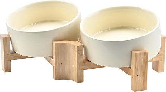 SPUNKYJUNKY 15° Slanted Ceramic Dog and Cat Bowl with Wooden Stand, Tilted Bulldog Food and Water Bowl No Slip Non-Spill for Cats Medium Dogs Big Face Pets 13.5 OZ (1.7 Cups, Beige × 2)