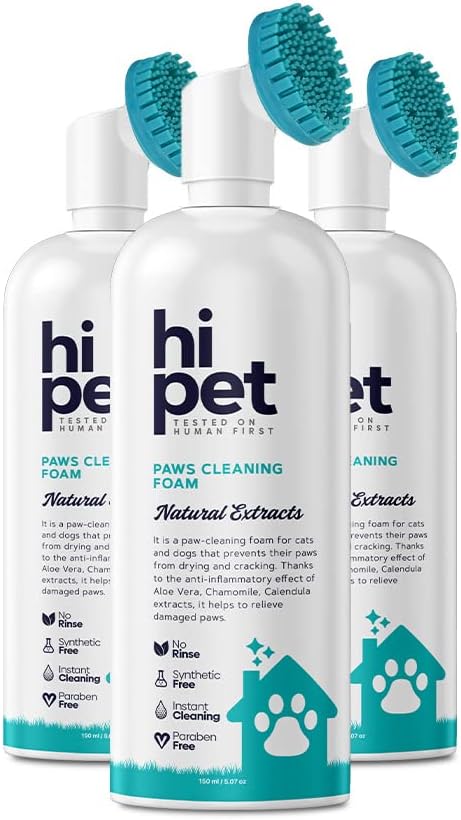 Hi Pet Dog Paw Cleaner Foam with Built-in Paw Scrubber Brush, Paw Cleaner for Dogs and Cats, Cat and Dog Paw Moisturizer, Effortless and Easy-to-Use Bottle Design Dog Feet Cleaner (Pack of 3)