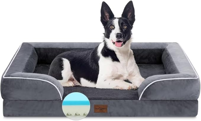 Comfort Expression Cooling Dog Bed for Large Dogs, Memory Foam Orthopedic Dogs Beds, Waterproof Washable Dog Beds with Removable Cover, Pet Bed Sofa with Bolster(Large,Leaden Grey)