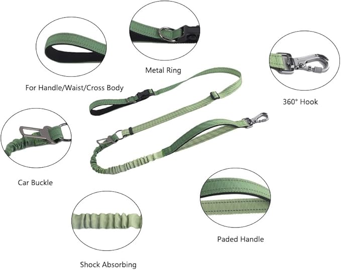 Hands Free Dog Leash for Large Medium Dogs Heavy Duty Bungee Reflective Adjustable Waist Leashes for Walking Running with Car Buckle 4-6FT (Green-1)