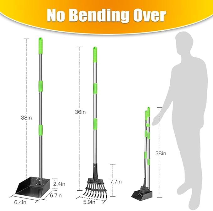 TOOGE Pooper Scooper, Dog Pooper Scooper Long Handle Stainless Metal Tray and Rake for Medium Small Dogs Heavy Duty Pet Supplies to Use for Grass, Dirt or Gravel