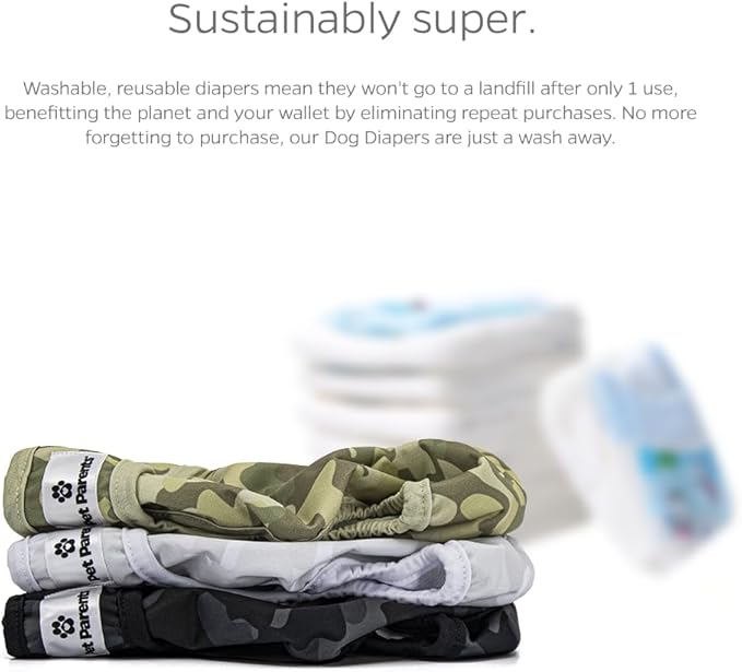 Pet Parents® Washable Dog Diapers (3pack) + Extendrs® of Durable Doggie Diapers, Premium Dog Diapers Female & Male (Small, Camo)