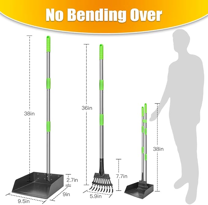 TOOGE Larger Pooper Scooper for Large Dogs, Dog Pooper Scooper Long Handle Stainless Metal Tray and Rake Set for Large Medium Small Dogs Heavy Duty (Green) (Extra Large)