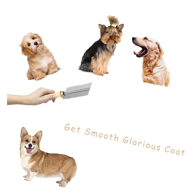 Dog Cat Pet Comb Double-Sided Grooming Brush Metal Comb for Loosening up Removing Mats Debris Tangles and Knots Wooden Handle Stainless Steel Tooth Perfect for Honghair Pets