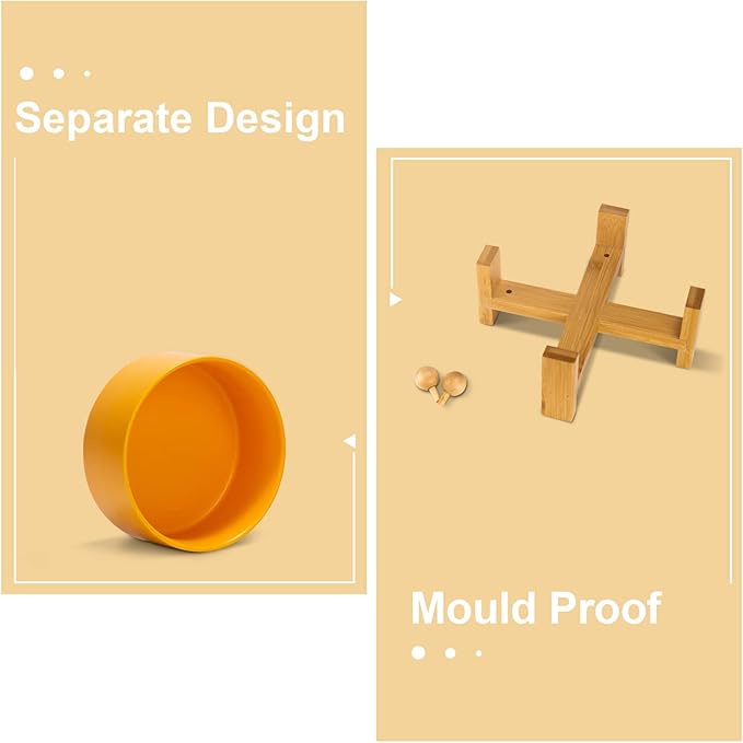 SPUNKYJUNKY 15° Slanted Ceramic Dog and Cat Bowl with Wooden Stand, Tilted Bulldog Food and Water Bowl No Slip Non-Spill for Cats Medium Dogs Big Face Pets 28.7 OZ (3.6 Cups, Yellow)