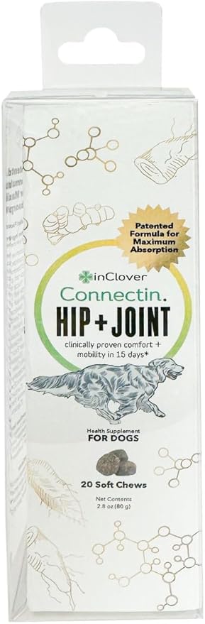 InClover Connectin Hip and Joint Soft Chew Supplement for Dogs, Combines Glucosamine, Chondroitin and Hyaluronic Acid with Herbs, Patented and Clinically Tested to Work in 15 Days, 20 Count