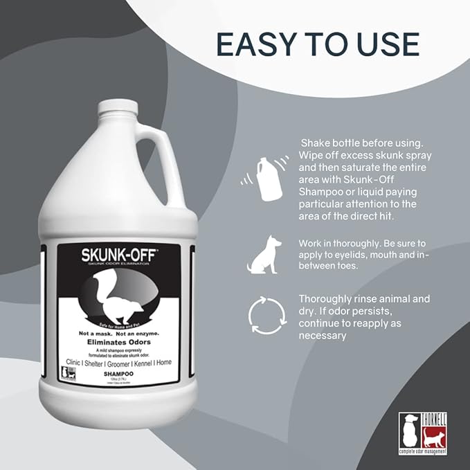 Skunk Off Pet Shampoo – Ready to use Skunk Odor Remover for Dogs, Cats, Carpet, Car, Clothes & More – Skunk Shampoo Non-Enzymatic Formula (1 Gallon)